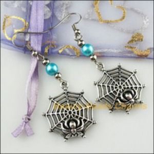Spider Web Sky Blue Bead Charm Dangle Earrings